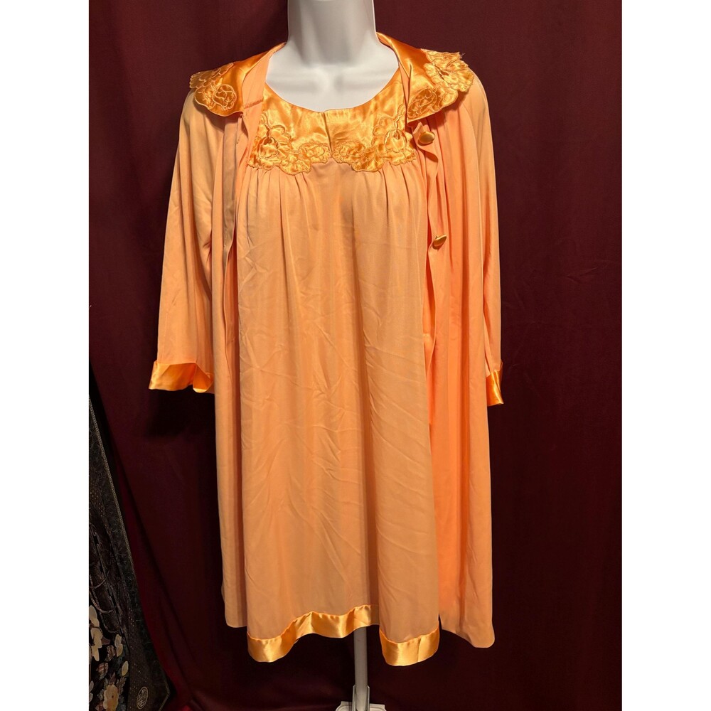 Vintage 70s Peignoir Set Gossard Artemis Orange Nylon Robe and Nightgown Set Sml